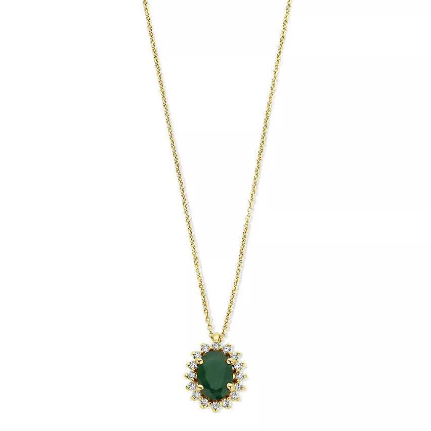 Ketting Halo geelgoud-smaragd-diamant groen-wit 0.12 ct Hsi 41-45 cm 