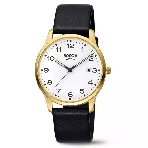 Boccia 3620-08 Horloge titanium-leder goudkleurig-wit-zwart 39 mm