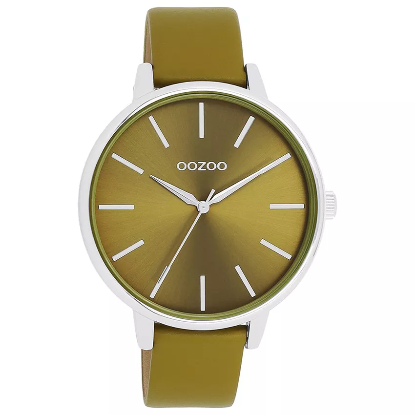 OOZOO C11298 Horloge Timepieces staal-leder zilverkleurig-olijfgroen 42 mm