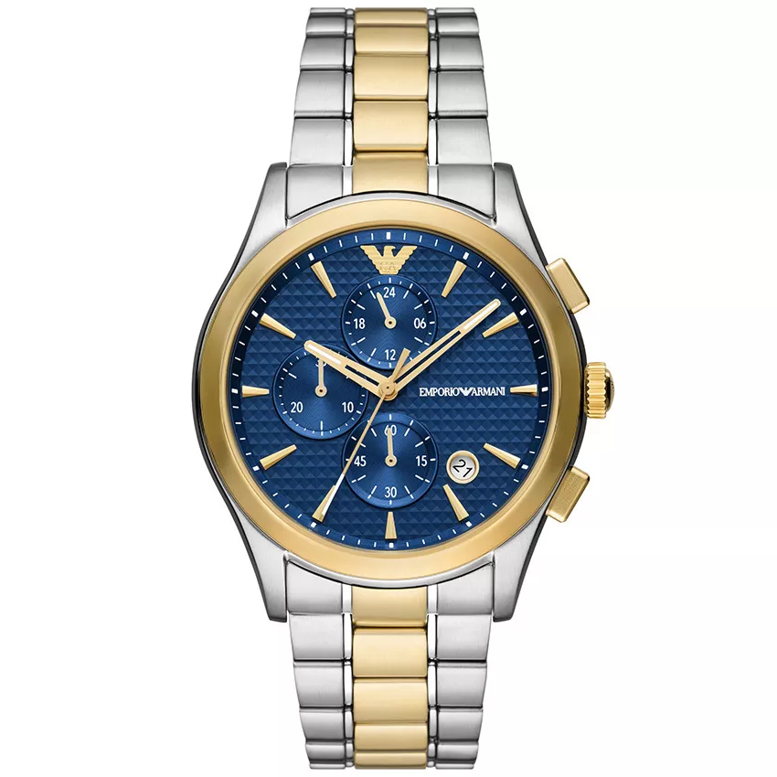 Emporio Armani AR11579 Horloge Paolo Chrono staal zilver-en goudkleurig-blauw 42 mm