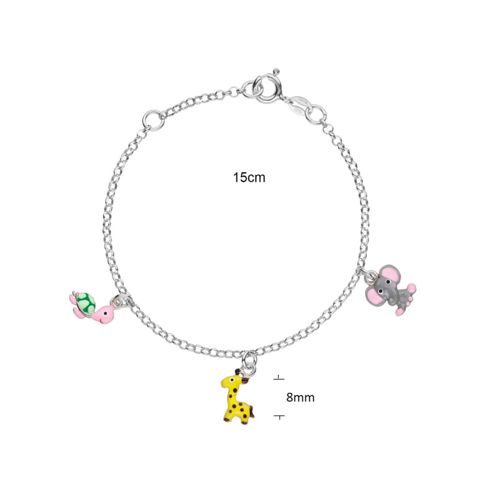 glow-104-0586-16-armband-met-hanger-zilver-schildpad-giraf-olifant-emaille-8-mm-hoog-lengte-15-cm