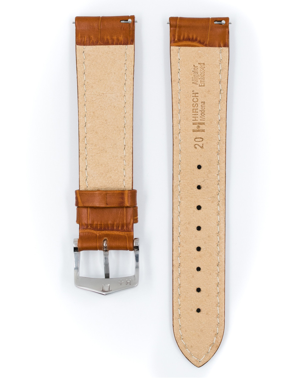 hirsch-modena-10302875-2-horlogeband-leer-krokopatroon-cognac-zilverkleurige-gesp-breedte-20-22-mm