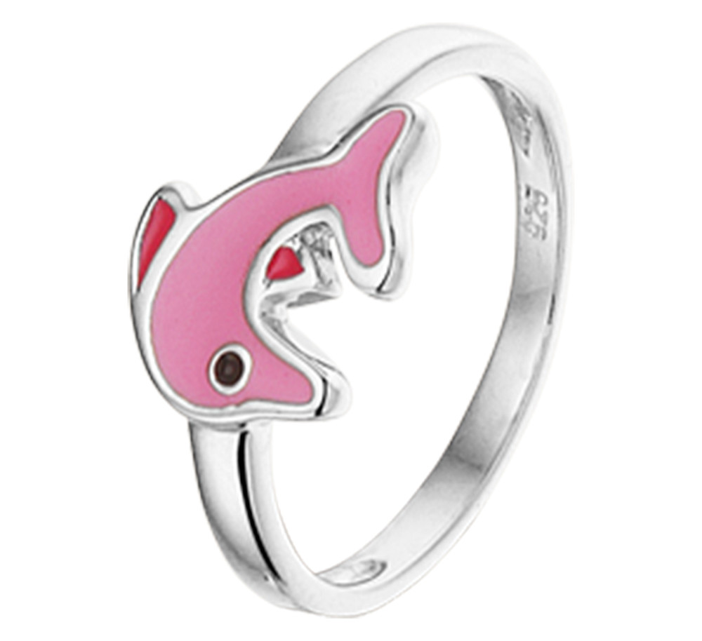 zilveren-kinderring-met-roze-dolfijn-thema