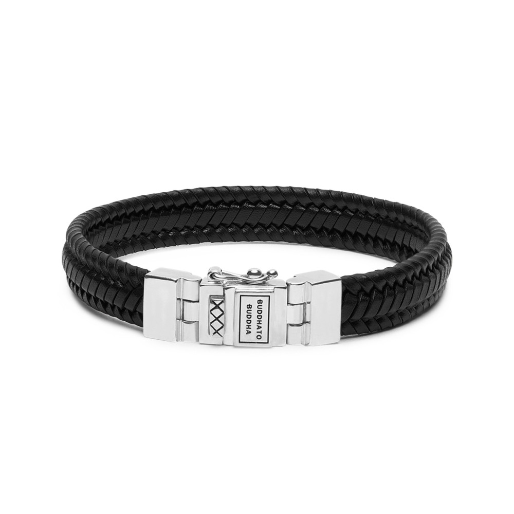 buddha-to-buddha-181bl-edwin-zwarte-leren-armband-met-gevlochten-structuur-en-zilverkleurige-elementen