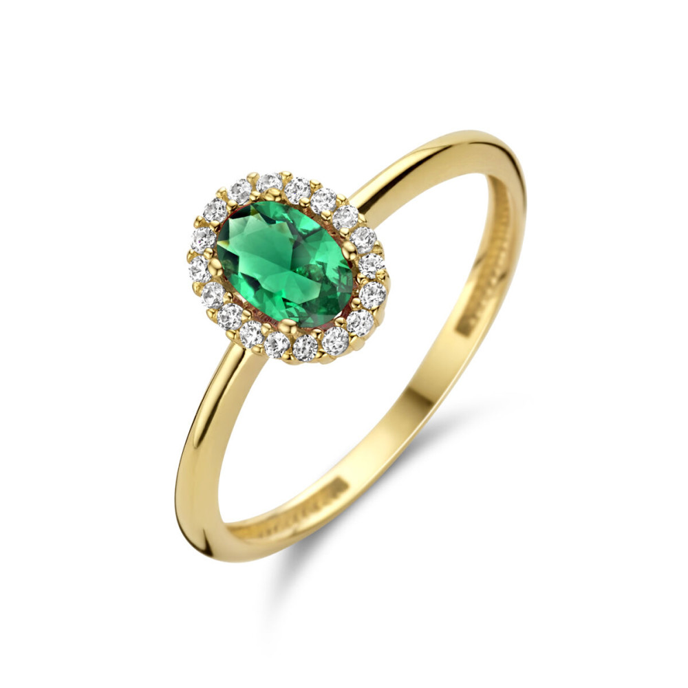 14-karaat-gouden-halo-ring-met-ovale-groene-zirkonia-en-transparante-steentjes
