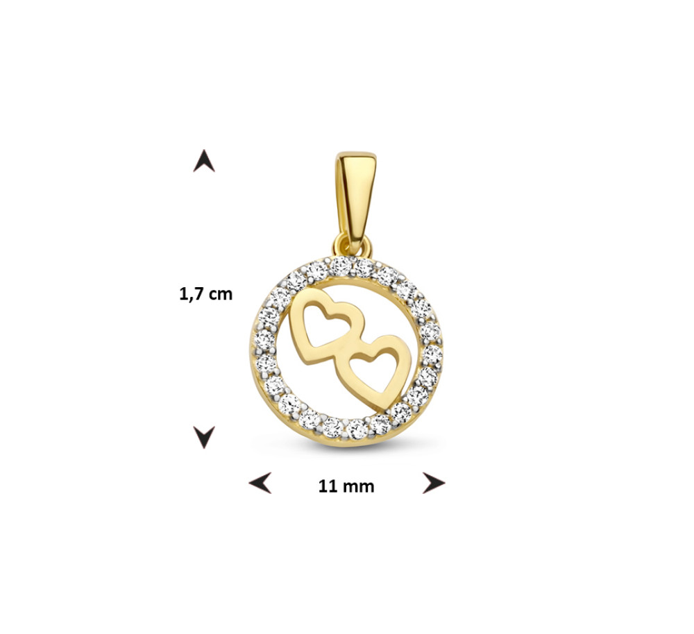 gouden-ronde-hanger-met-twee-hartjes-en-zirkonia-stenen-diameter-11-mm