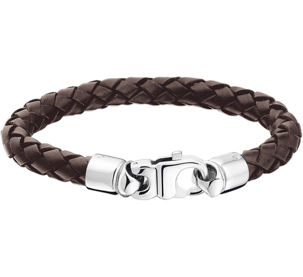 bruine-leren-herenarmband-met-gevlochten-patroon-en-zilverkleurige-metalen-sluiting