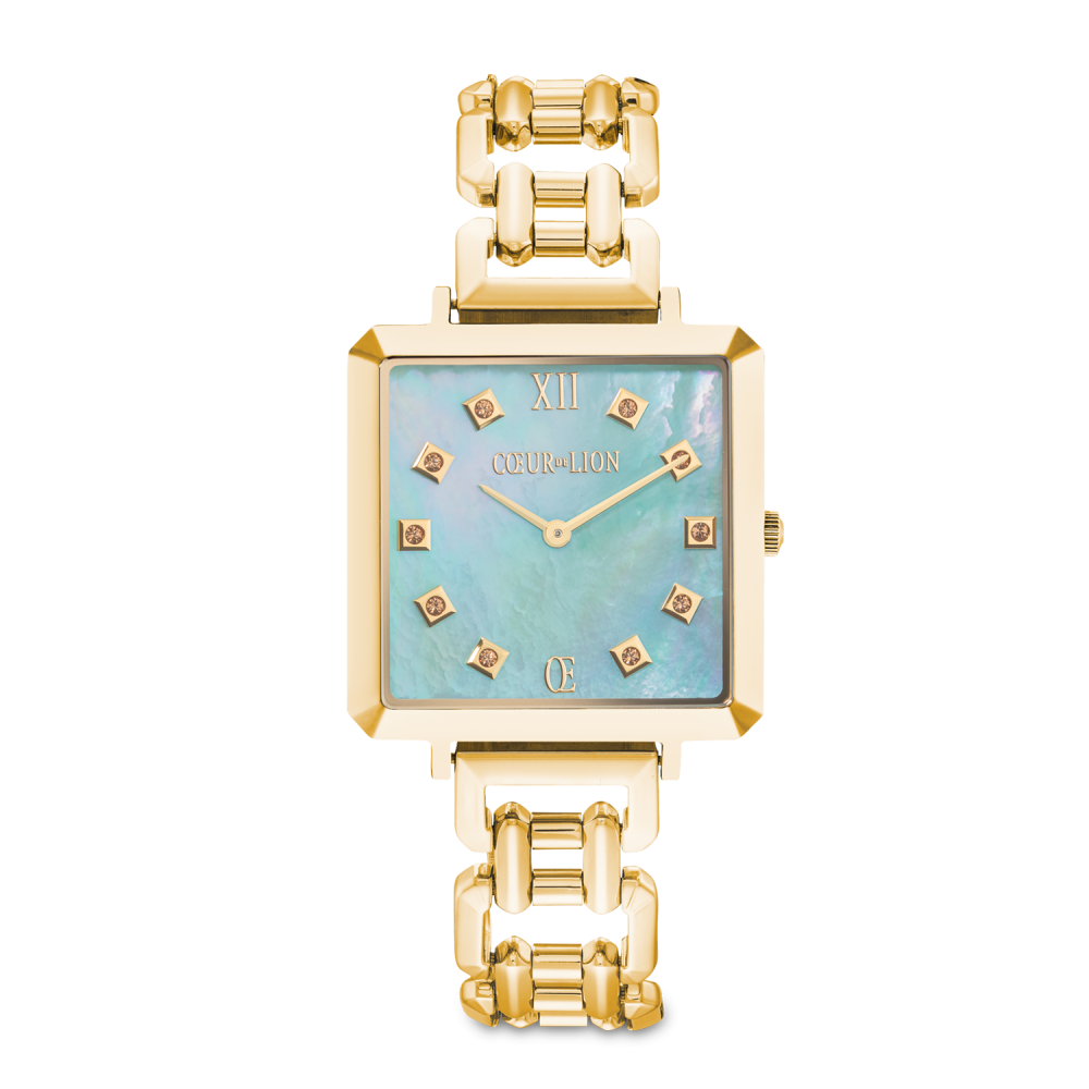 coeur-de-lion-iconic-cube-ocean-vibes-7632-74-1606-goudkleurig-dameshorloge-met-turquoise-wijzerplaat-en-swarovski-kristallen
