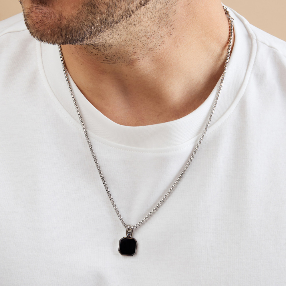 aze-jewels-ferro-az-nl010-a-ketting-zilverkleurig-zeshoekige-hanger-zwarte-steen-lengte-50-60-cm