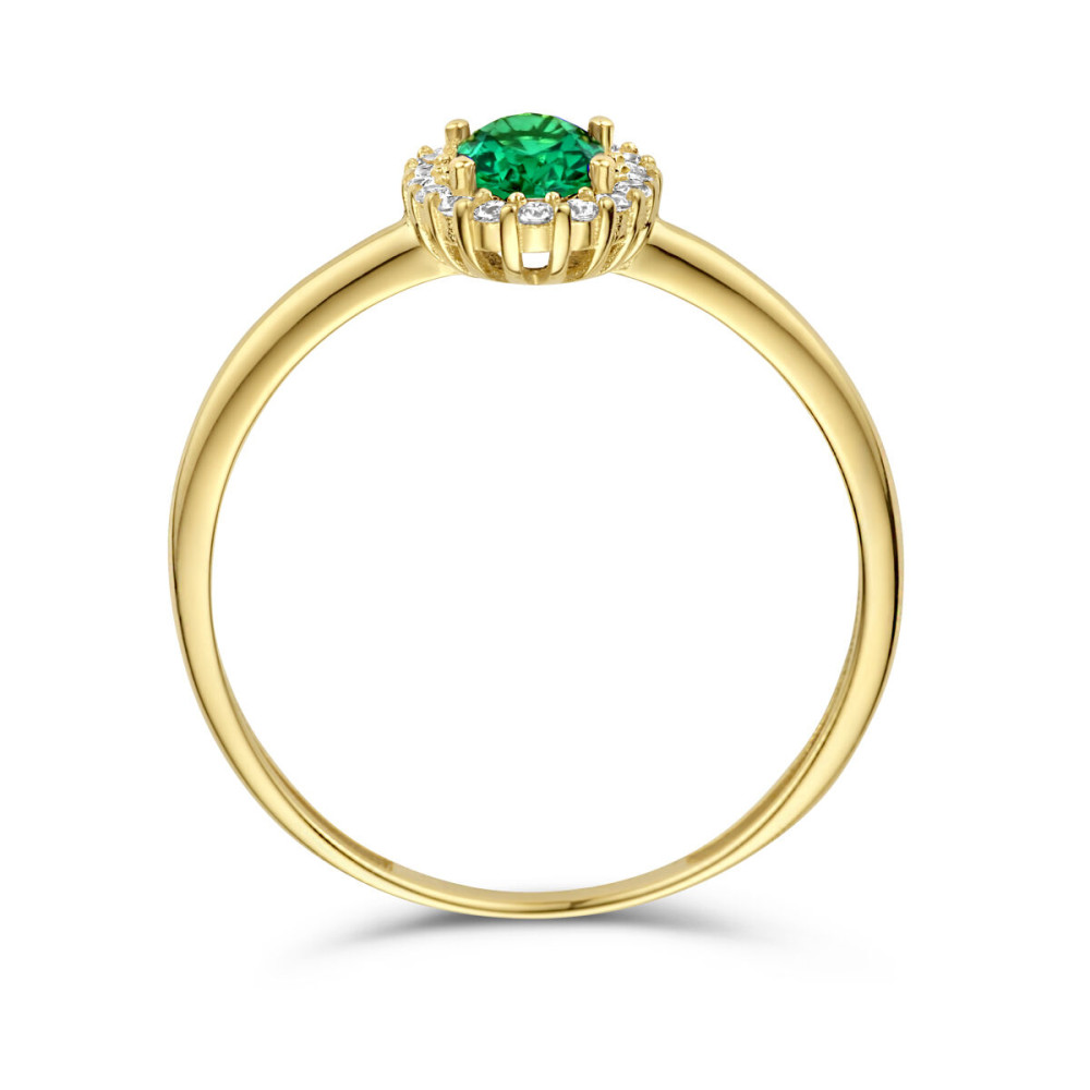 14-karaat-gouden-halo-ring-met-ovale-groene-zirkonia-en-transparante-steentjes