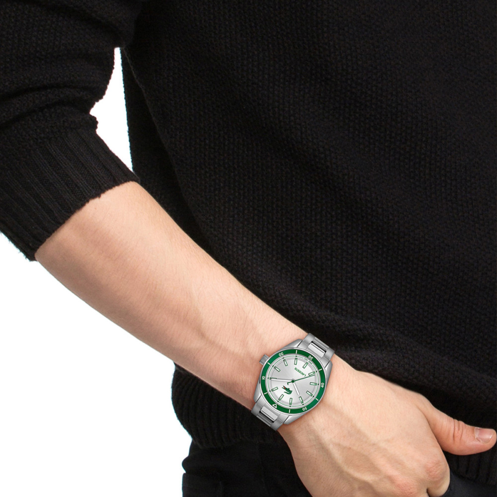 lacoste-boston-lc2011487-herenhorloge-zilverkleurig-staal-groene-bezel-39-mm