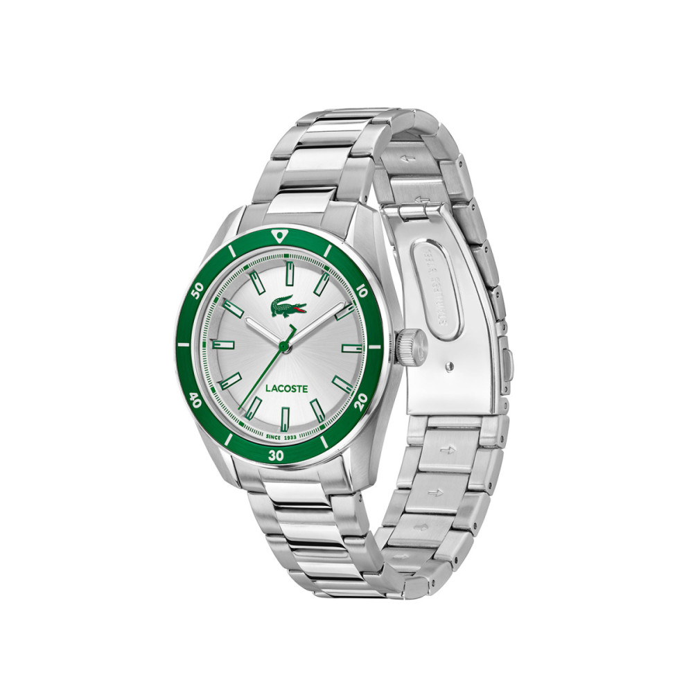 lacoste-boston-lc2011487-herenhorloge-zilverkleurig-staal-groene-bezel-39-mm