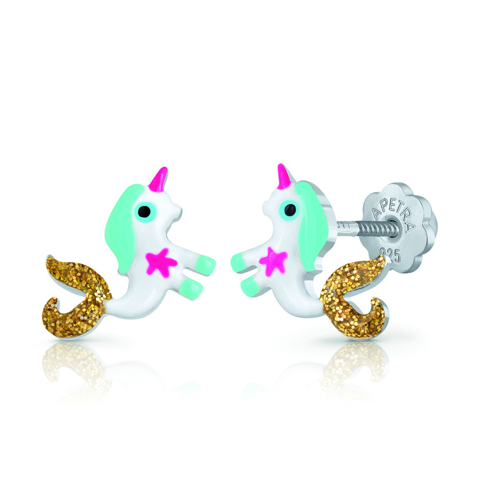 lapetra-lpos0176-oorknopjes-zilver-emaille-zeemeermin-eenhoorn-5-mm-breed-x-8-mm-hoog