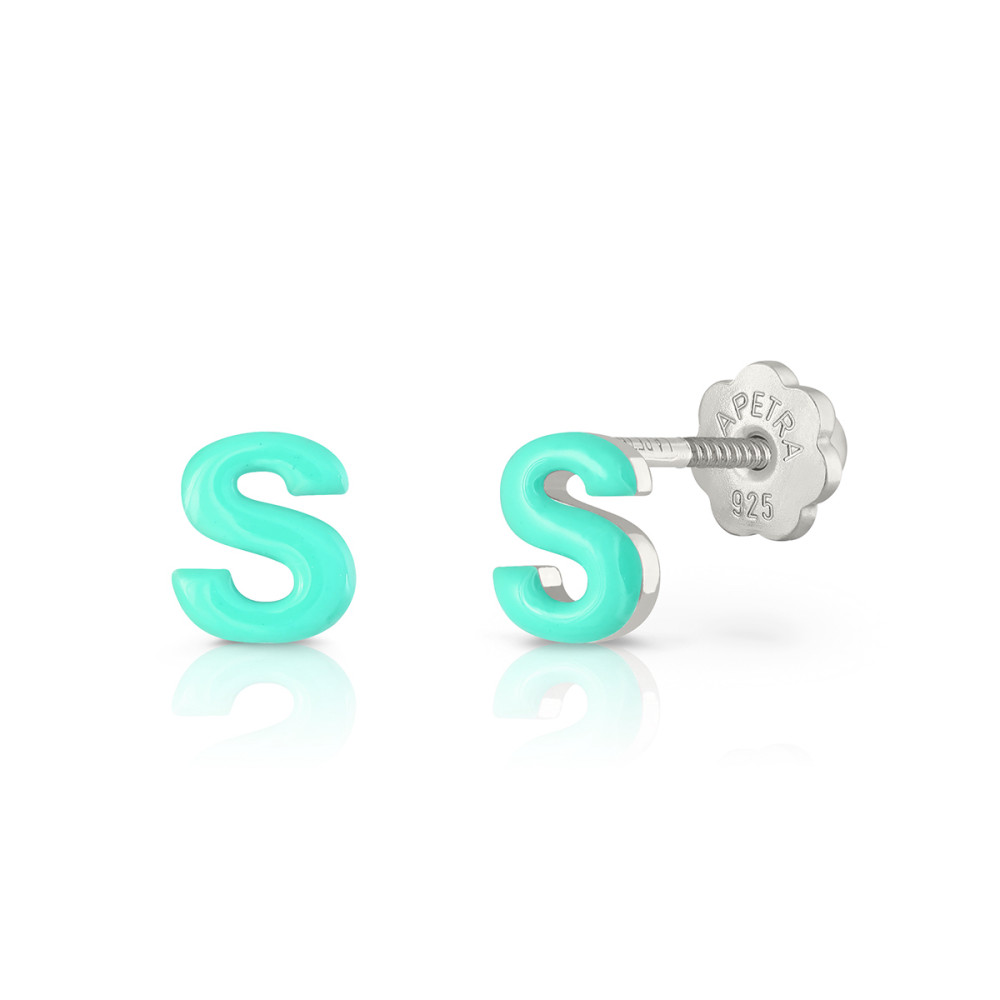 lapetra-lpostt-s-turquoise-letter-s-oorknopjes-zilver-en-emaille-6-mm-breed-x-6-mm-hoog