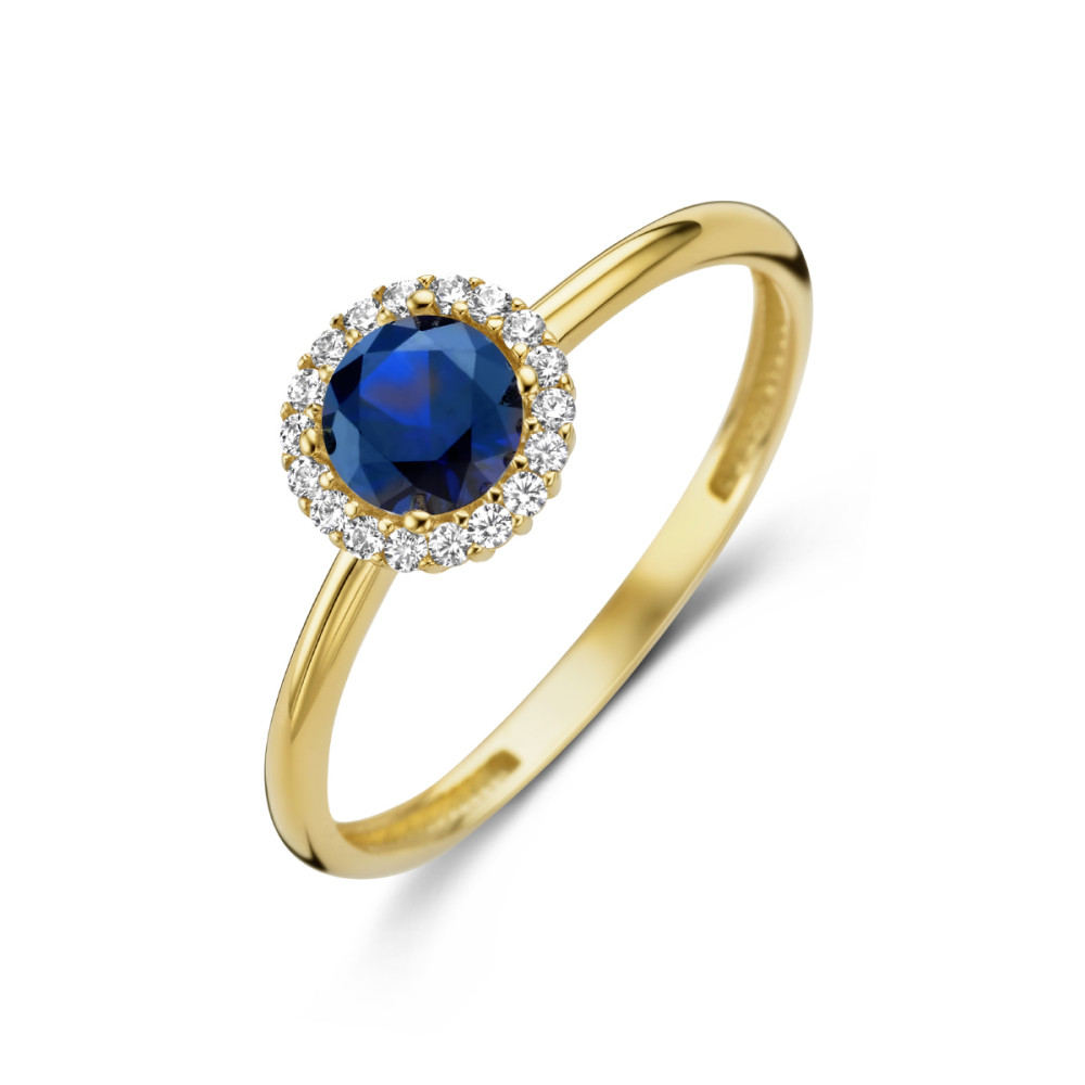 14-karaat-gouden-entourage-ring-met-blauwe-zirkonia