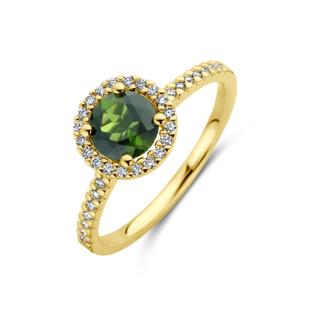 14-karaat-gouden-entourage-ring-met-groene-toermalijn-en-diamanten