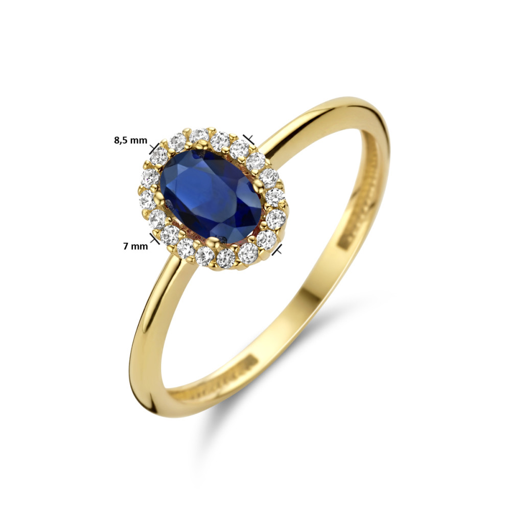 14-karaat-gouden-entourage-ring-met-ovale-blauwe-saffier-en-zirkonia