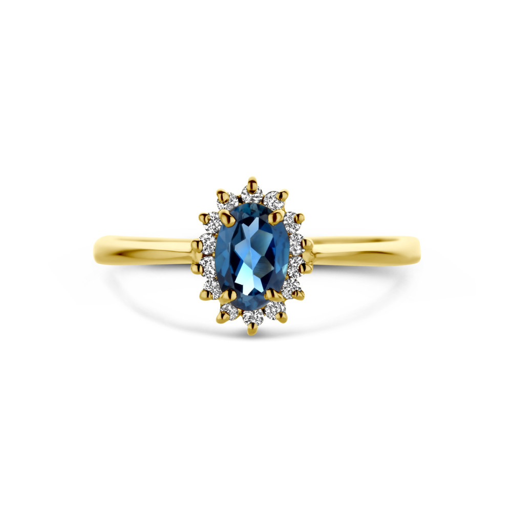 14-karaat-gouden-entourage-ring-met-ovale-london-blue-topaas-en-halo-diamanten