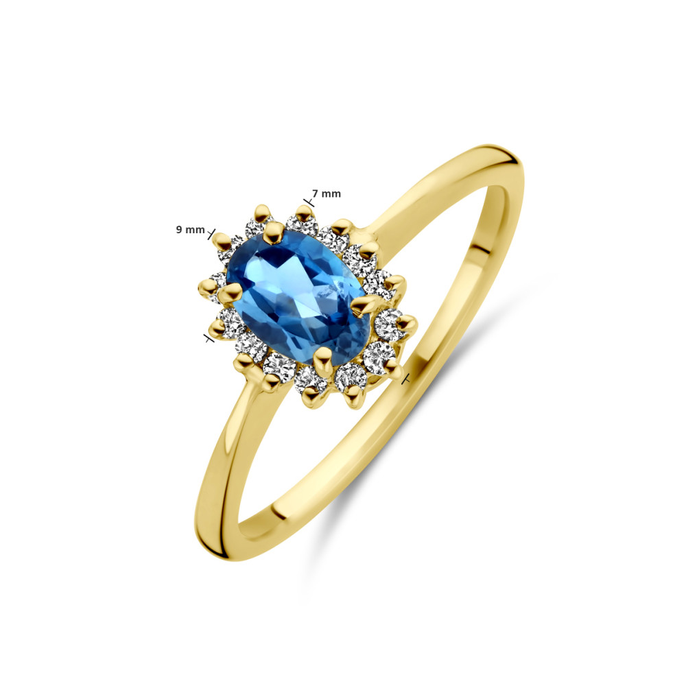 14-karaat-gouden-entourage-ring-met-ovale-london-blue-topaas-en-halo-diamanten