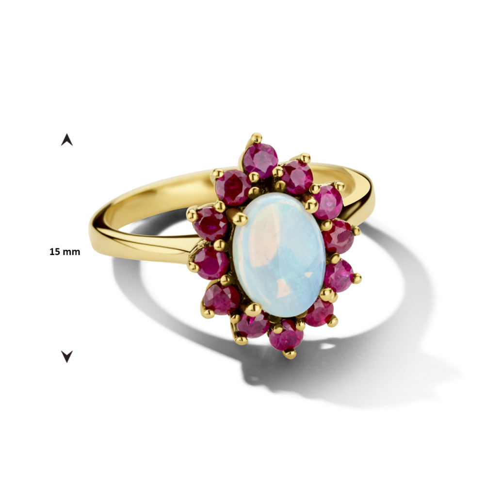 14-karaat-gouden-entourage-ring-met-ovale-opaal-en-robijnen