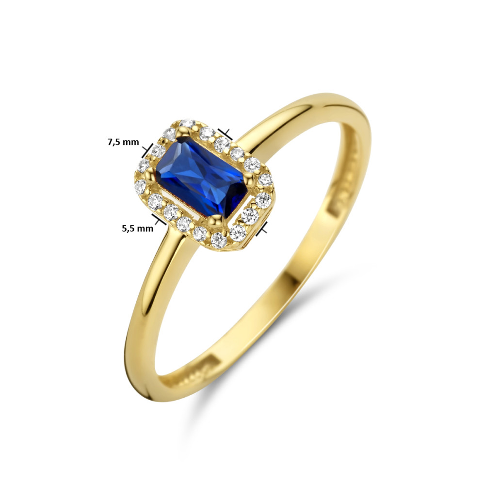 14-karaat-gouden-entourage-ring-met-rechthoekige-synthetische-saffier-en-zirkonia-s/diameter-17-75-mm-ringmaat-56