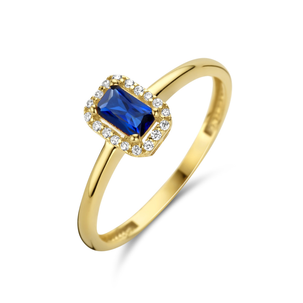 14-karaat-gouden-entourage-ring-met-rechthoekige-synthetische-saffier-en-zirkonia-s/diameter-17-75-mm-ringmaat-56
