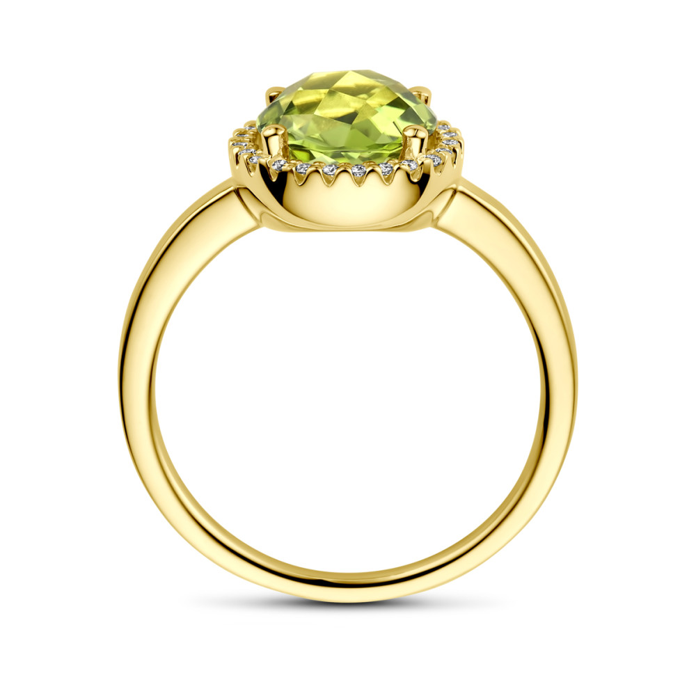14-karaat-gouden-halo-ring-met-groene-peridoot-en-diamanten