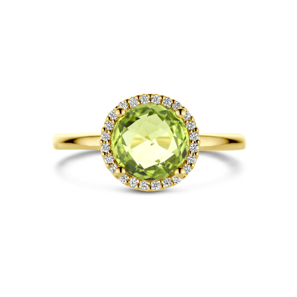 14-karaat-gouden-halo-ring-met-groene-peridoot-en-diamanten