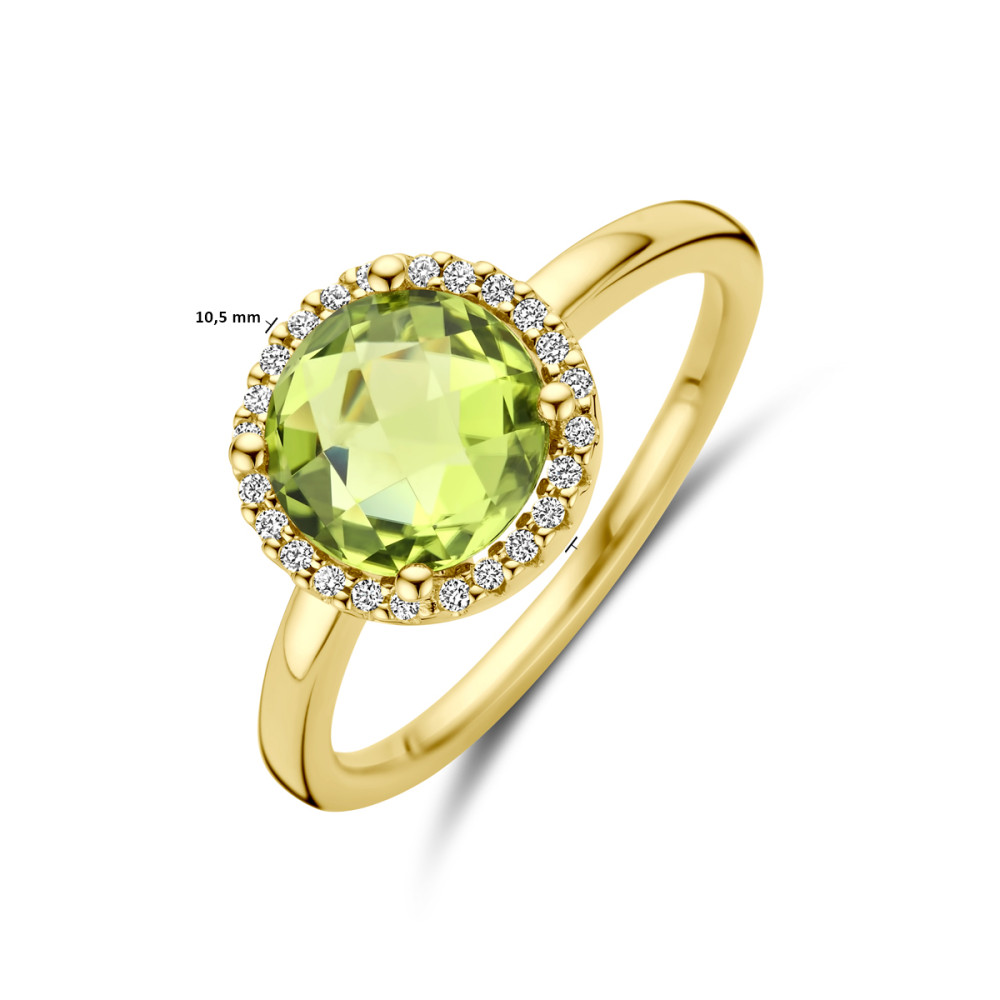 14-karaat-gouden-halo-ring-met-groene-peridoot-en-diamanten