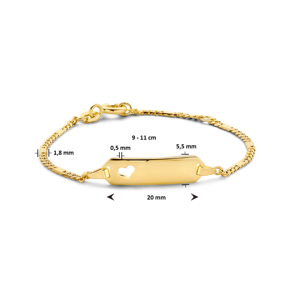 14-karaat-gouden-kinder-graveerarmband-met-open-hartje-gourmet-schakels-en-plaatje-20-mm-x-5-mm