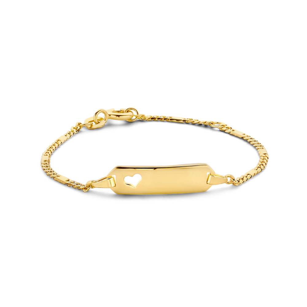 14-karaat-gouden-kinder-graveerarmband-met-open-hartje-gourmet-schakels-en-plaatje-20-mm-x-5-mm