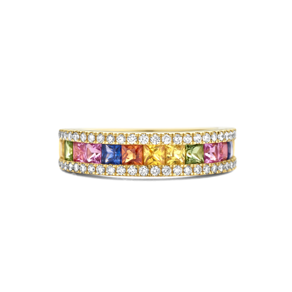 14-karaat-gouden-ring-met-vierkante-regenboog-saffier-en-pave-diamanten