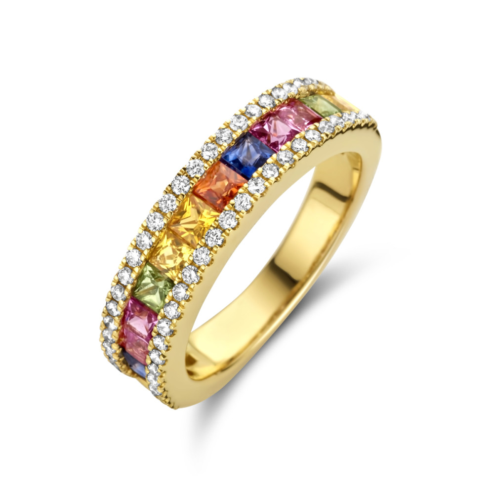 14-karaat-gouden-ring-met-vierkante-regenboog-saffier-en-pave-diamanten