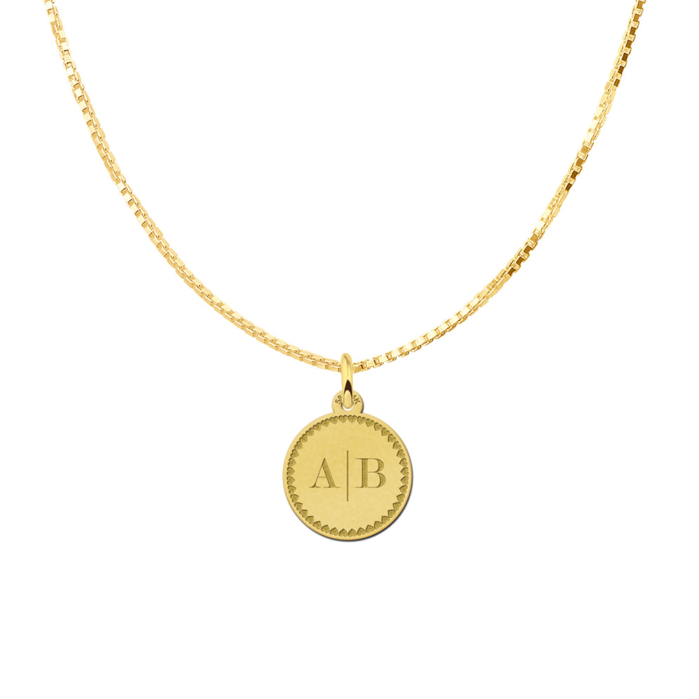 14-karaat-gouden-ronde-hanger-met-initialen-en-een-hartjes-rand-diameter-15-mm