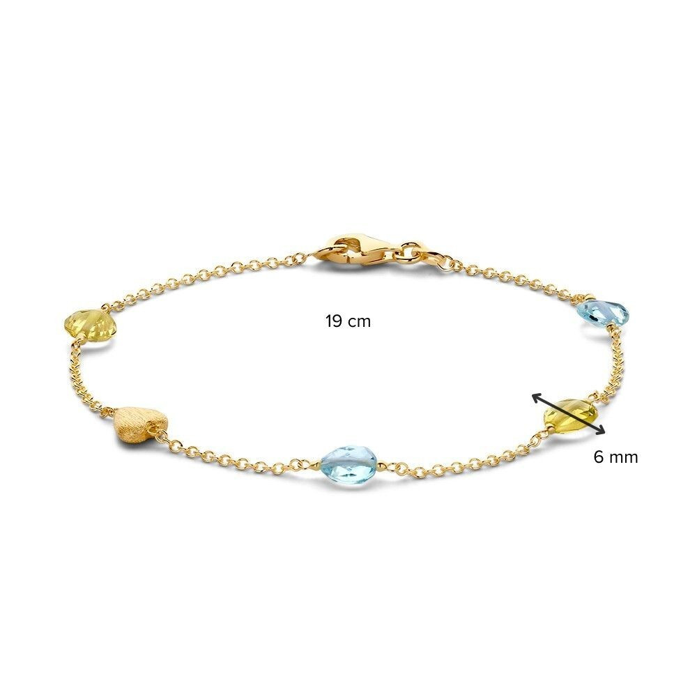 14-karaat-gouden-schakelarmband-met-gematteerd-hartje-en-blauwe-en-gele-edelstenen-lengte-19-cm