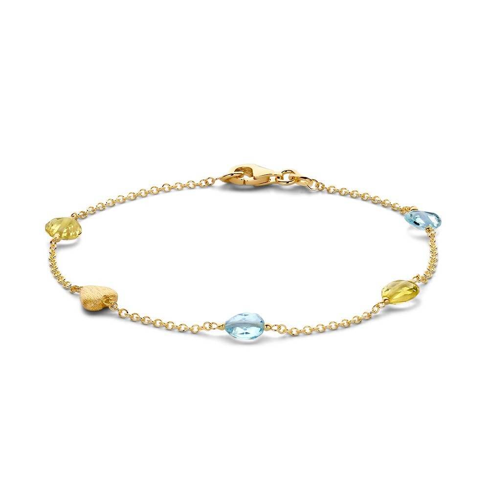 14-karaat-gouden-schakelarmband-met-gematteerd-hartje-en-blauwe-en-gele-edelstenen-lengte-19-cm