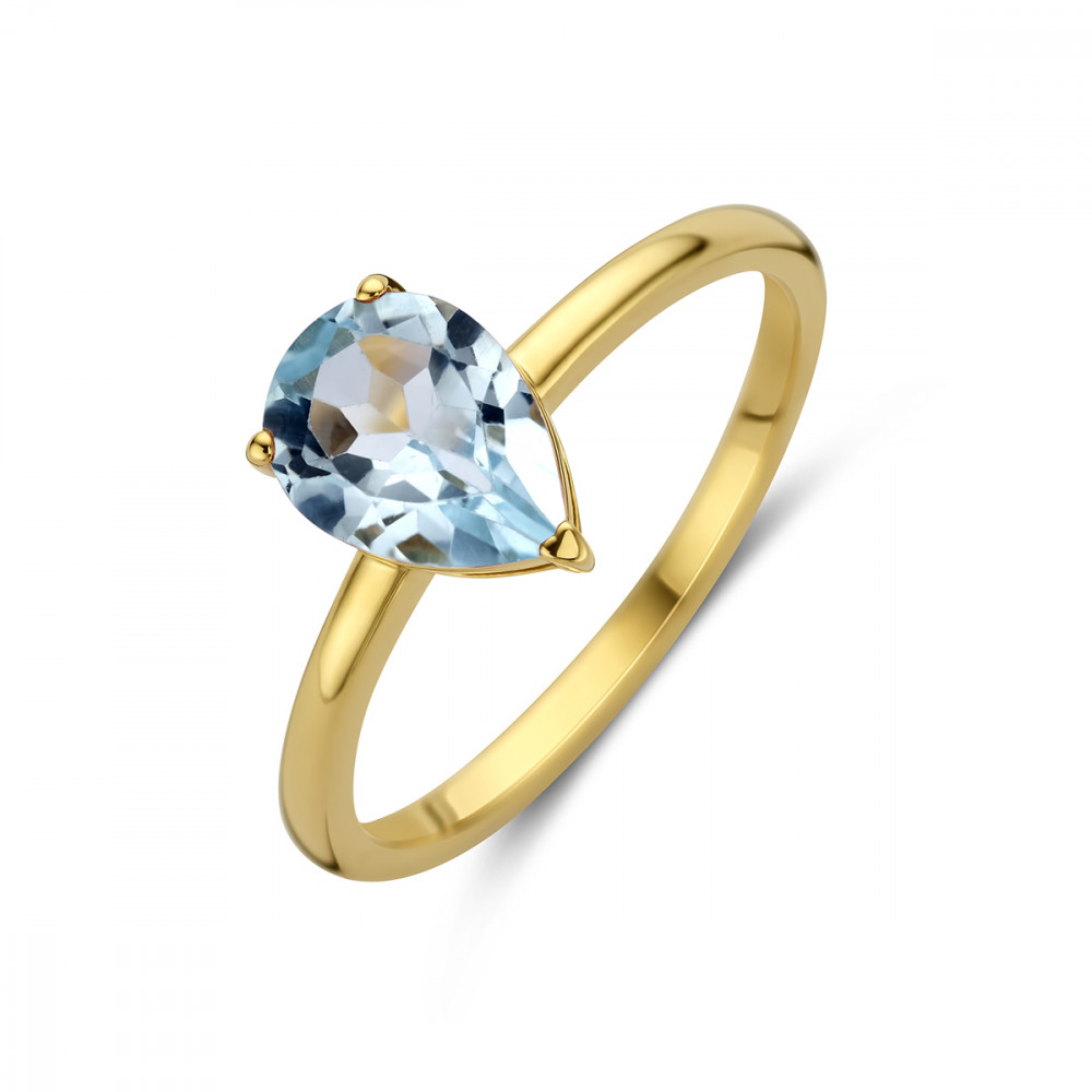 14-karaat-gouden-smalle-solitair-ring-met-druppelvormige-blauwe-topaas