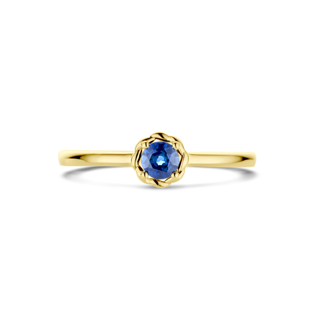 14-karaat-gouden-solitair-ring-met-blauwe-saffier-en-bewerkte-zetting