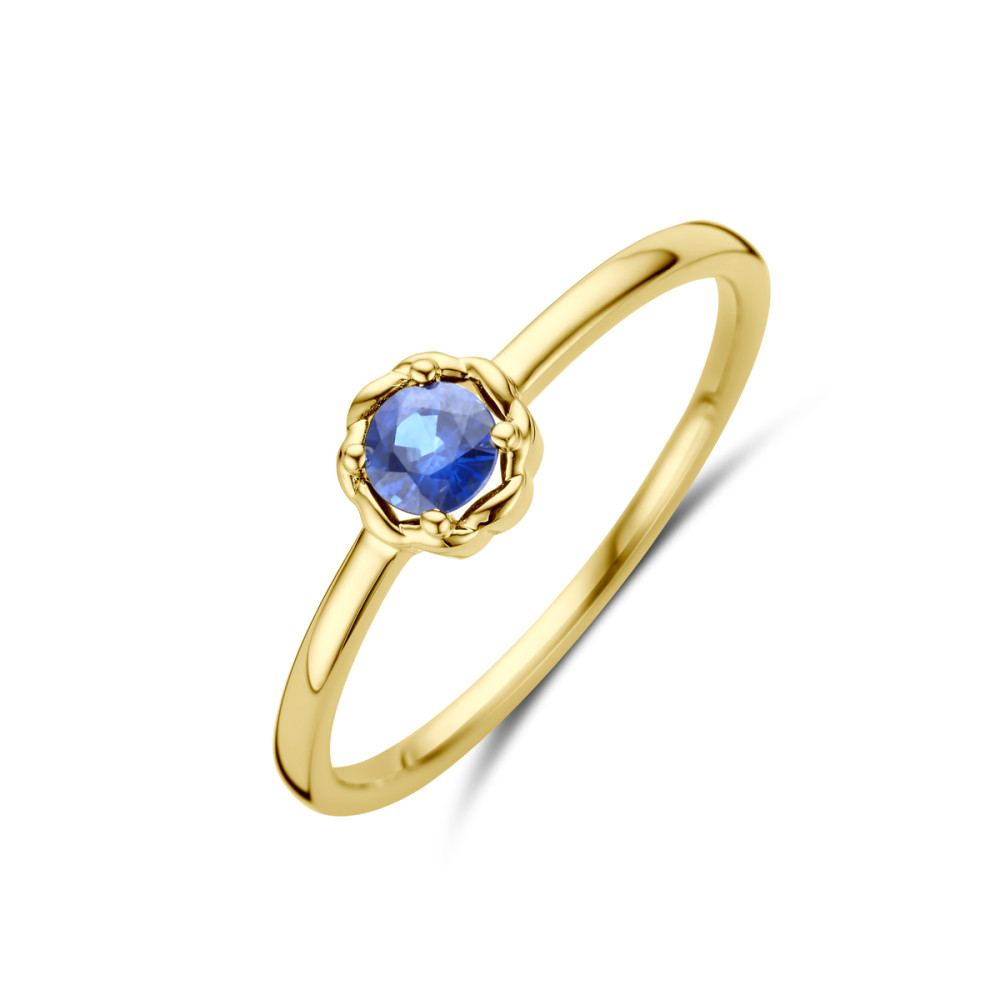 14-karaat-gouden-solitair-ring-met-blauwe-saffier-en-bewerkte-zetting
