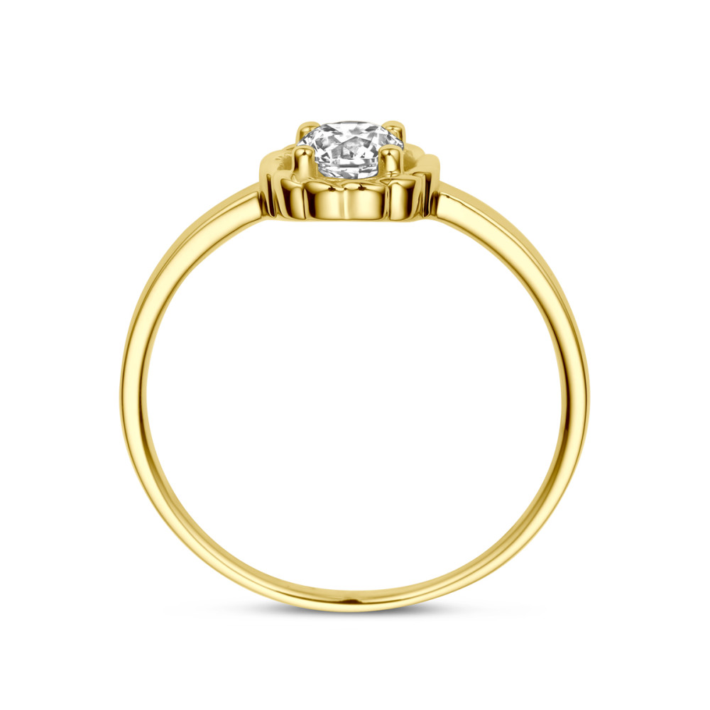 14-karaat-gouden-solitair-ring-met-ronde-zirkonia-en-gevlochten-detail