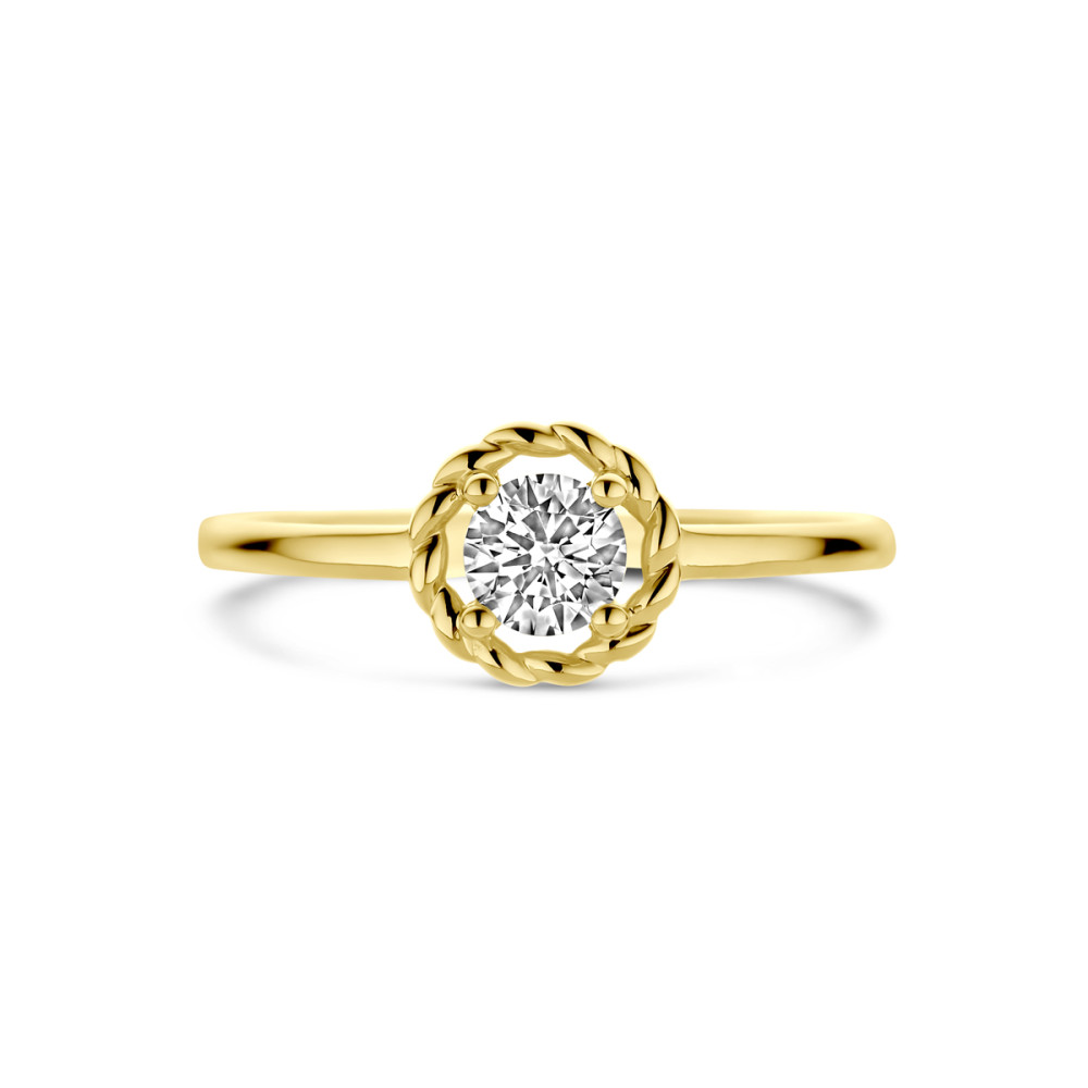 14-karaat-gouden-solitair-ring-met-ronde-zirkonia-en-gevlochten-detail