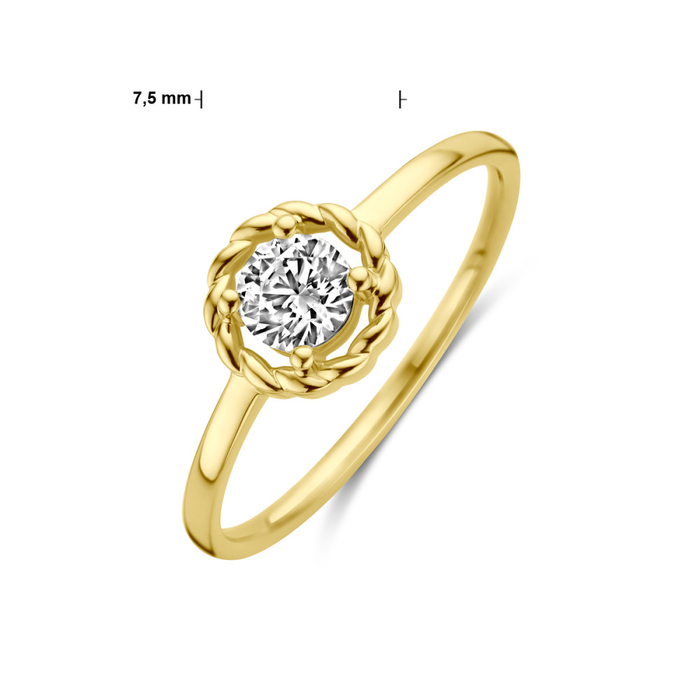14-karaat-gouden-solitair-ring-met-ronde-zirkonia-en-gevlochten-detail