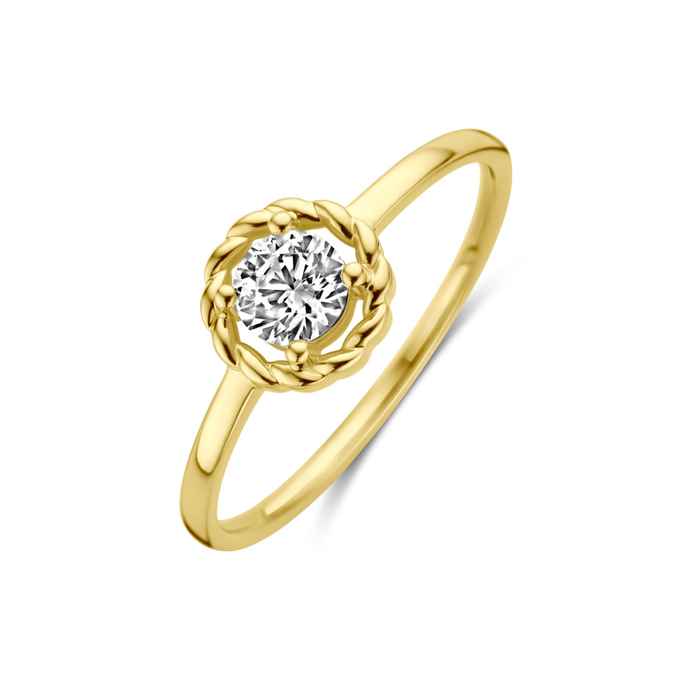 14-karaat-gouden-solitair-ring-met-ronde-zirkonia-en-gevlochten-detail