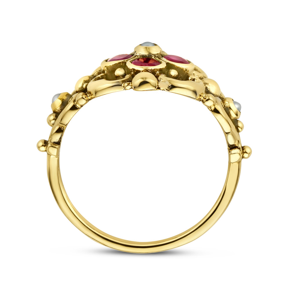14-karaat-gouden-vintage-ring-met-bloemmotief-parels-en-robijnen