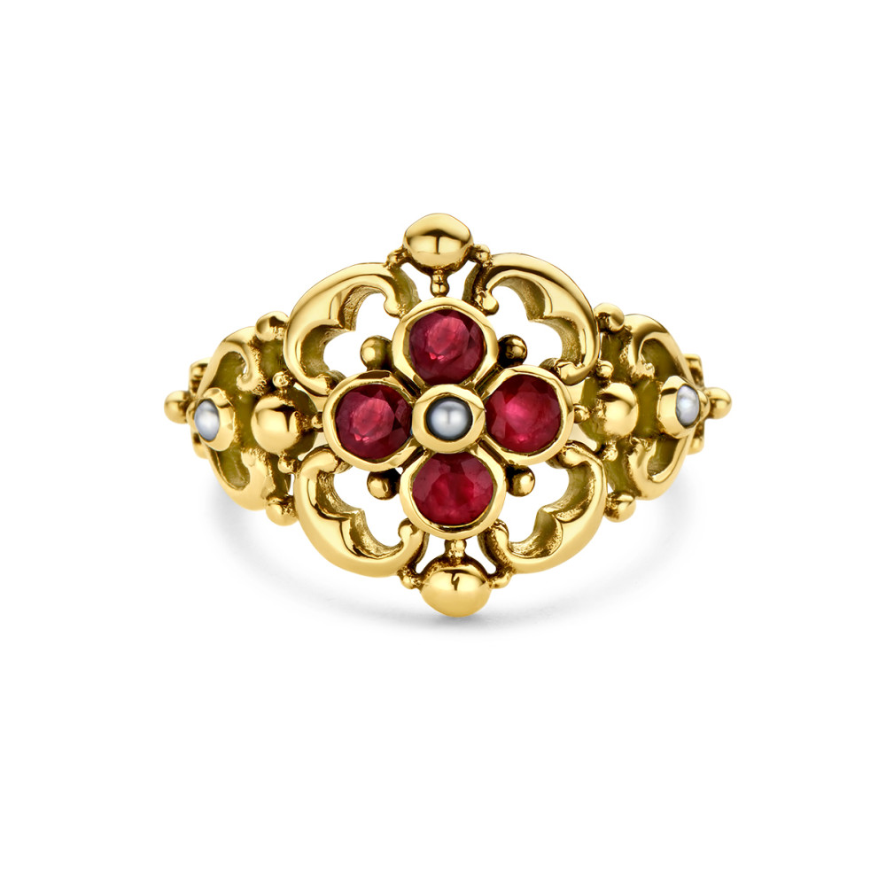 14-karaat-gouden-vintage-ring-met-bloemmotief-parels-en-robijnen