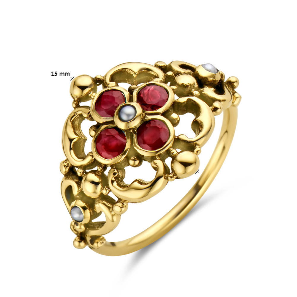 14-karaat-gouden-vintage-ring-met-bloemmotief-parels-en-robijnen