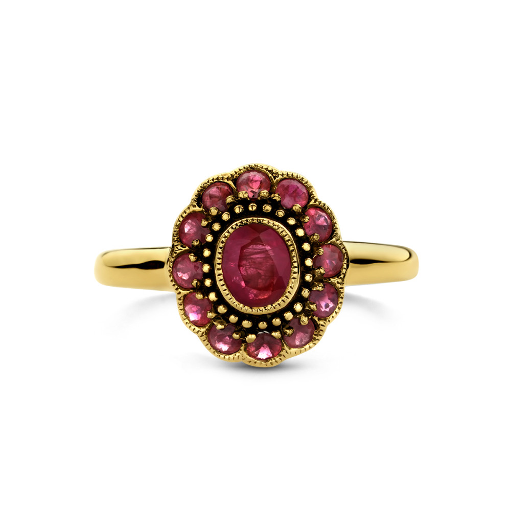 14-karaat-gouden-vintage-ring-met-roze-robijn-in-bloemvorm