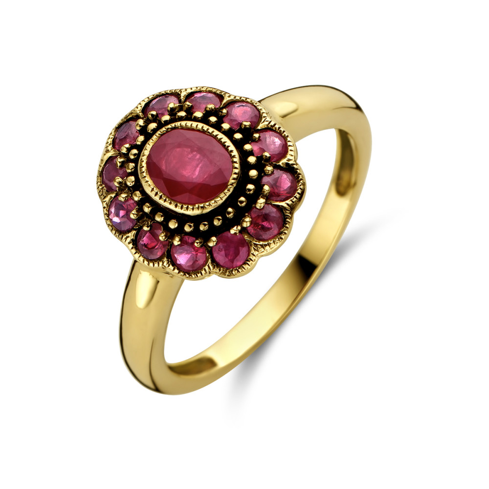 14-karaat-gouden-vintage-ring-met-roze-robijn-in-bloemvorm