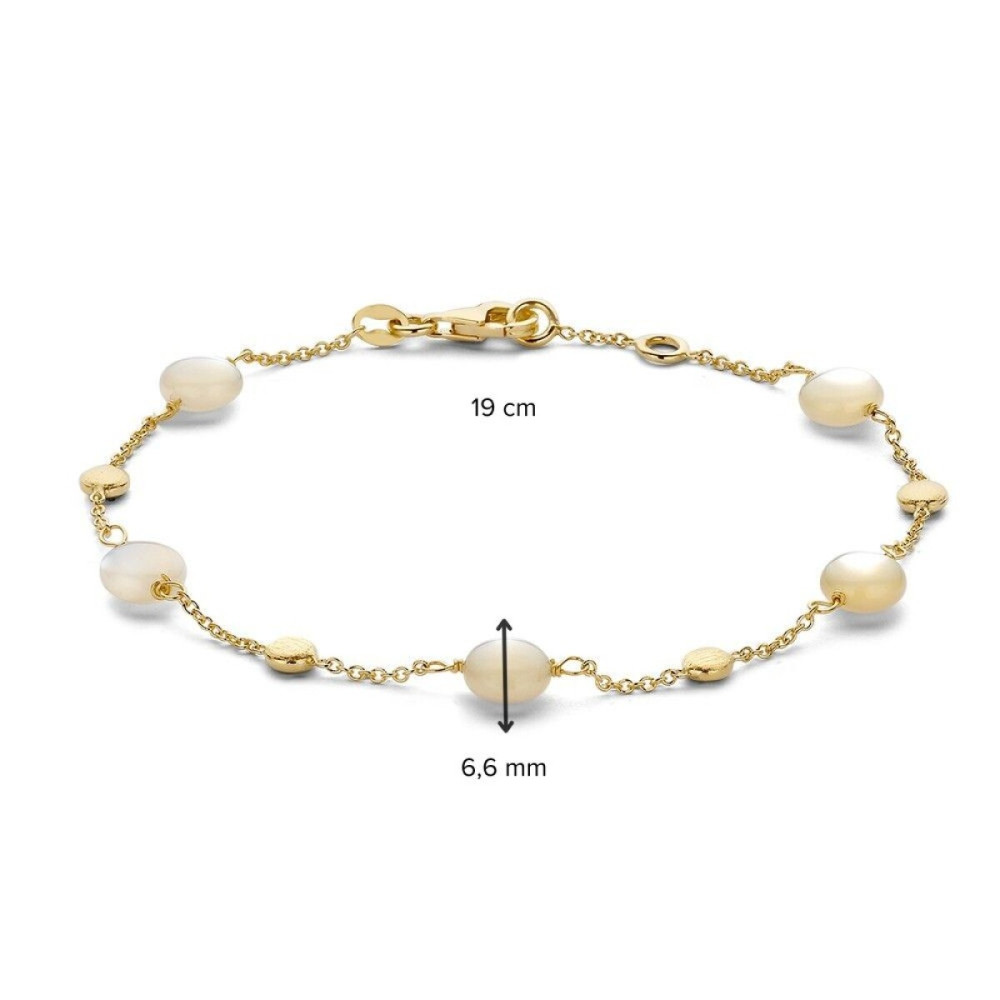 armband-14-karaat-gouden-matte-rondjes-en-witte-parelmoer-lengte-19-cm