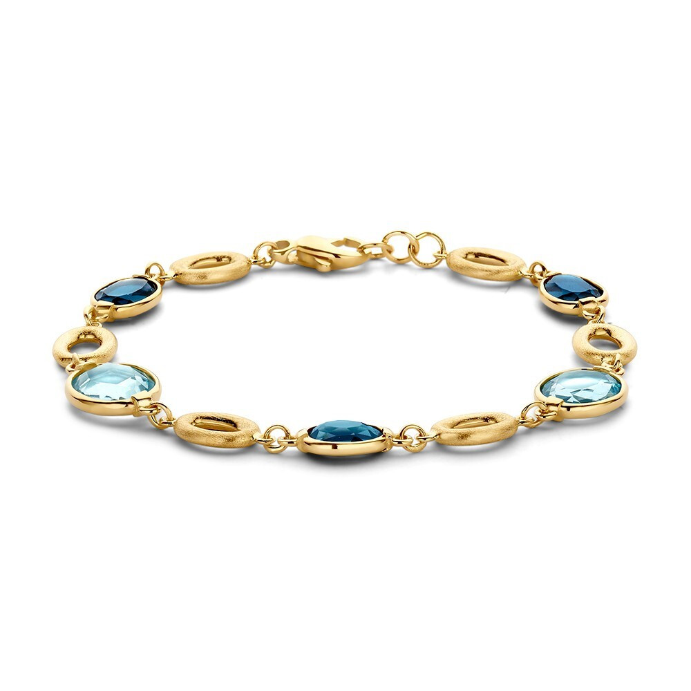 gouden-armband-met-matte-ovalen-en-blauwe-topaas-stenen-lengte-19-cm